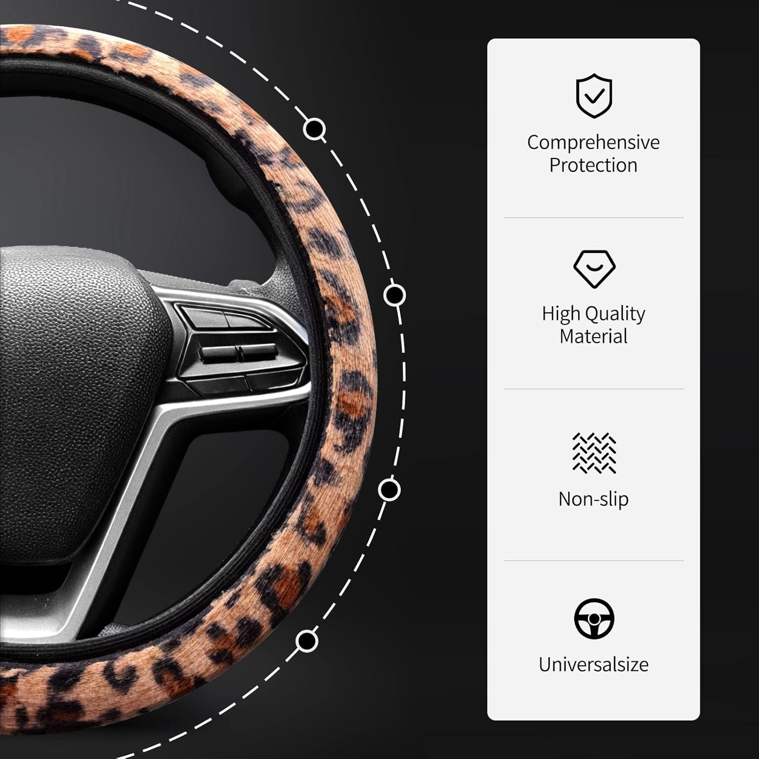 15 Inches Universal Leopard Pattern Steering Wheel Covers Full Wrap Grip Protection Fit Most Vehicles No Inner Ring Easy to Install