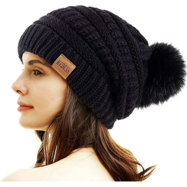 REDESS Women's Acrylic Winter Pom Pom Beanie Hat, Black, One Size