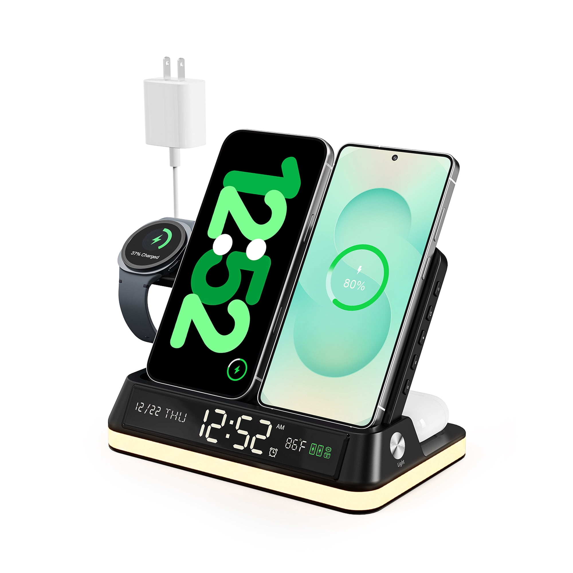 GoldJoy 7-in-1 Wireless Charging Station, Dual Phone Charger with Sunset Light, Alarm Clock & Temperature Display, 33W Charger Included