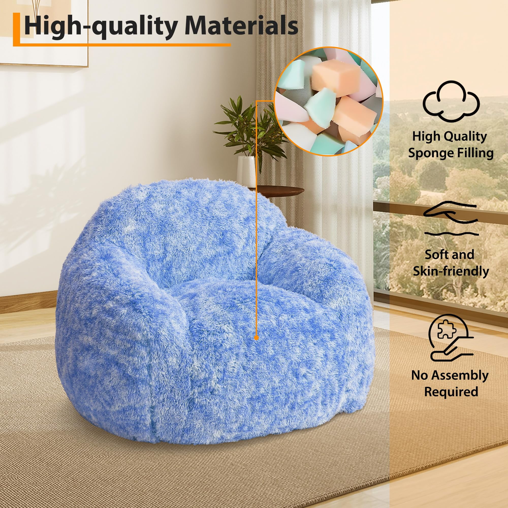 BouPower Bean Bag Chair for Adults, Plush Fluffy Faux Fur Sofa, Premium High-Density Sponge Filler Ergonomic Backrest & Armrests, Removable Washable Cover Comfy Lazy Chair for Bedroom Living Room