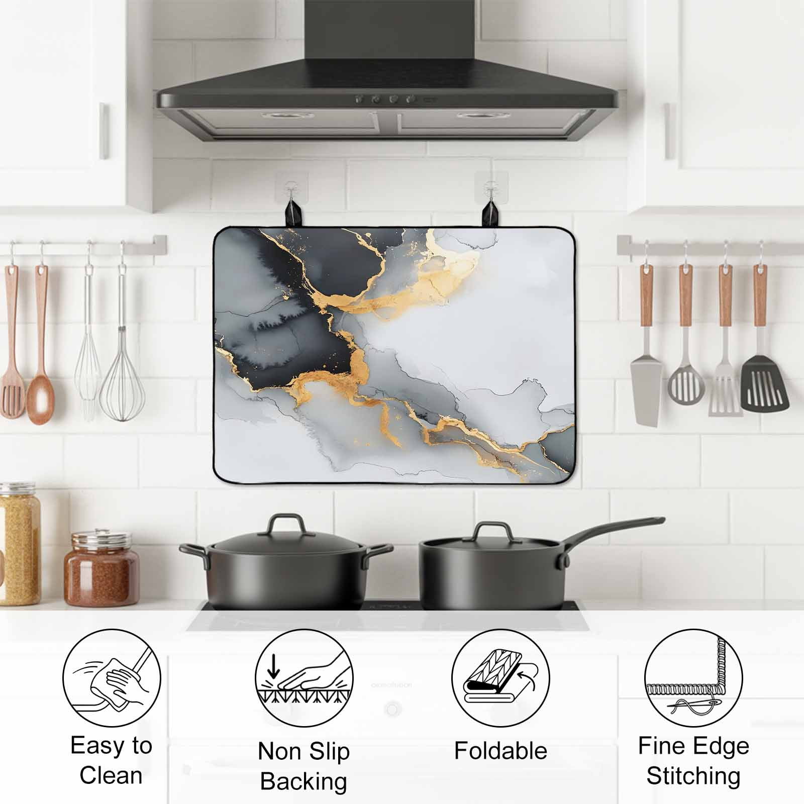 Grey White Marble Stove Top Cover for Electric Stove, Heat-proof & Non Slip Glass Top Stove Cover Protector, Ink Painting Modern Abstract Kitchen Flat Cooktop Rubber Mat 24x21 Inches