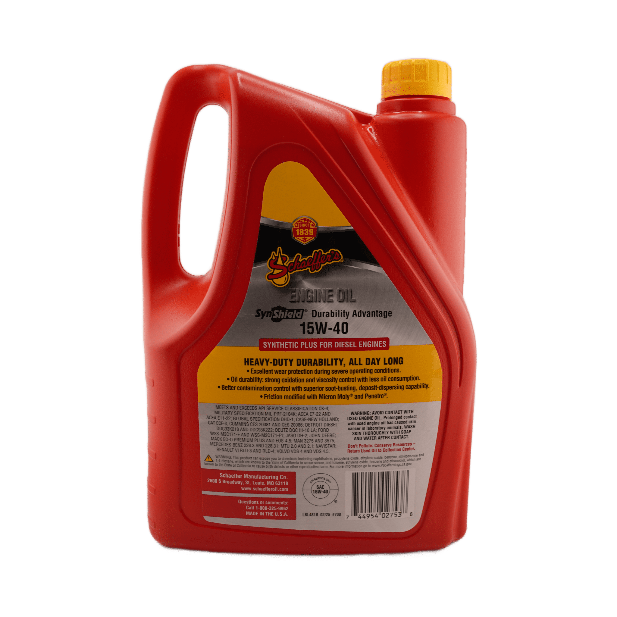 Schaeffer's 0700-006 SynShield 15W-40 CK-4 Diesel Engine Oil, 1 Gallon - Pack of 2