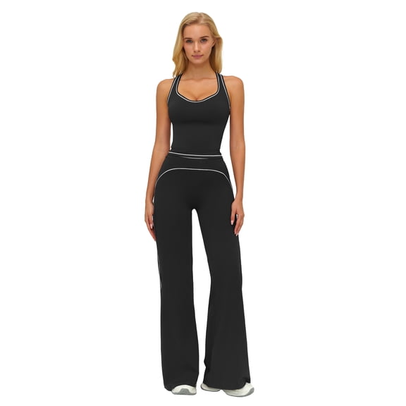 IBTOM CASTLE Two Piece Workout Sets for Women Racerback Tank Top Matching High Waist Wide Leg Yoga Pants Pilates Outfits M Black