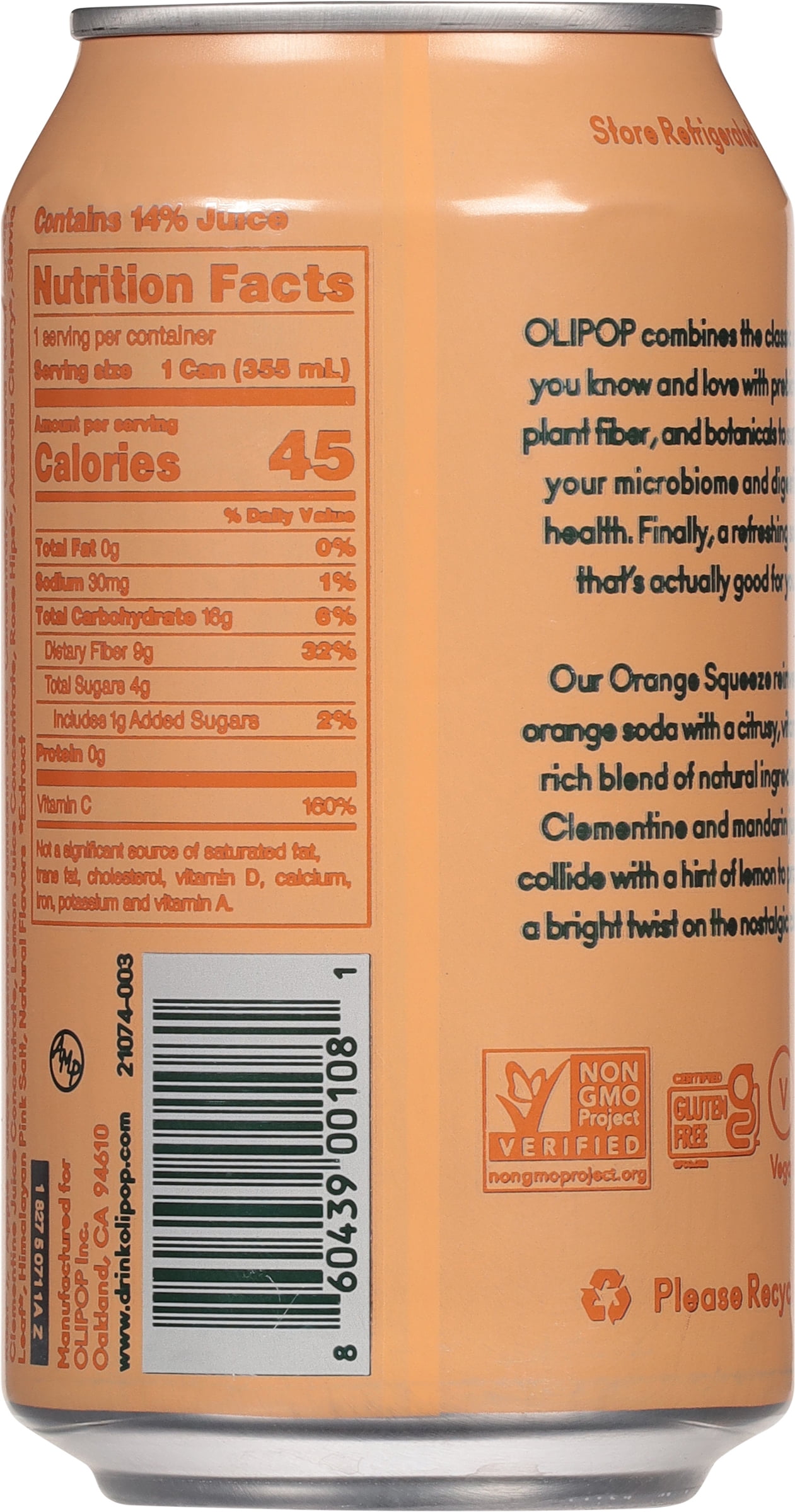 OLIPOP 9g Fiber Prebiotic Soda, Orange Squeeze, 12 fl oz, 12 Pack, Refrigerated