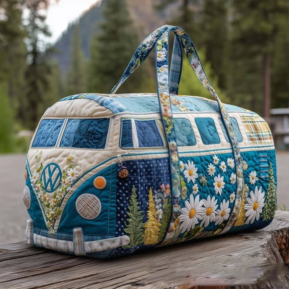 Hippie Journey Quilted Duffel Bag Vintage Floral Hippie Van Travel Duffle Bag Boho Retro Travel Weekender Bag Overnight Luggage Gym Tote (Blue Sunflower, (18" L x 9" W x 9" H))