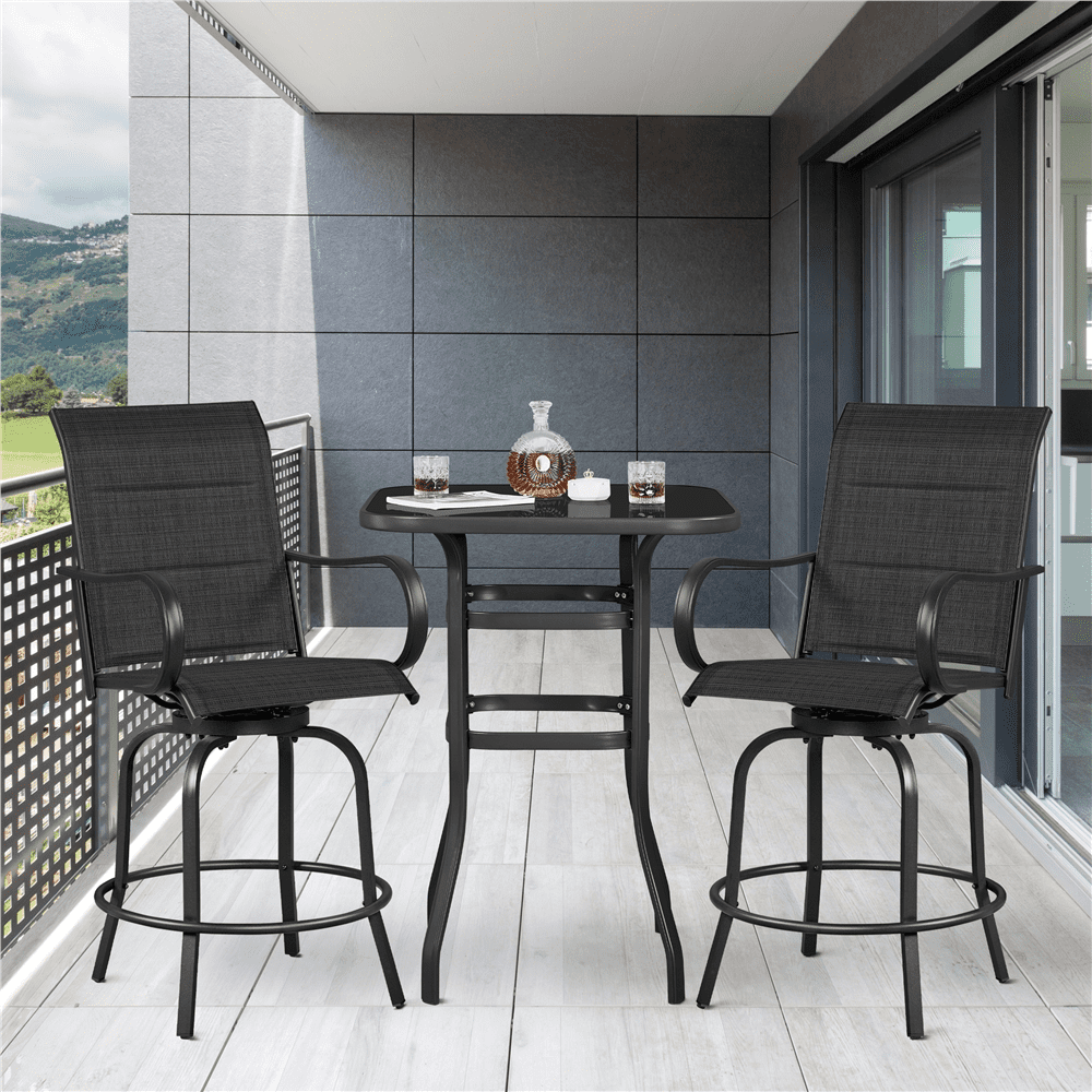 Alden Design 2pcs Outdoor Swivel Texteline Bar Stools Foam-padded for Garden, Black