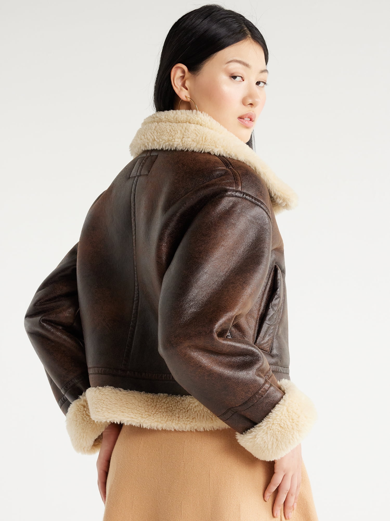Women's Faux Fur-Lined Faux Suede Crop Bomber Jacket, Women's Sale