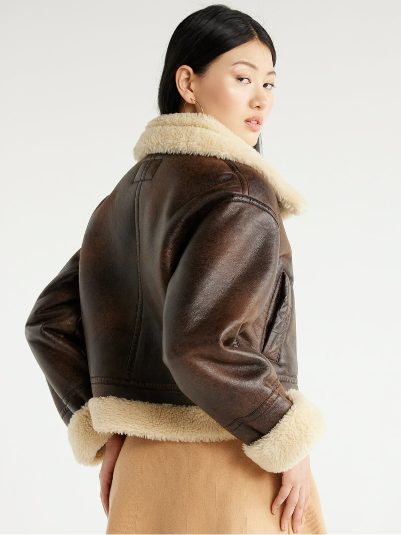 Scoop Women's Faux Suede Cropped Bomber Jacket with Faux