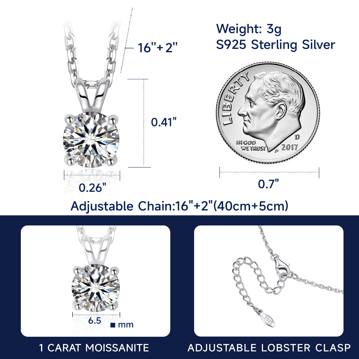 MomentWish 1 Carat Round Cut Moissanite Pendant Necklace for Women 925 Sterling Silver Christmas Anniversary Birthday Gift for Wife Mom