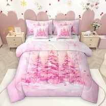 Homewish Pink Christmas Tree 7 Pieces Bedding Comforter Set,Merry Xmas Full Bedding Set,Oil Painting Fitted Sheet Flat Sheet For Girl Kids,Super Cozy Room Decor Reversible