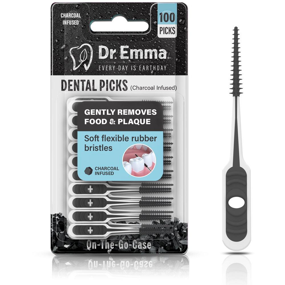 Dr. Emma Soft Rubberized Charcoal Dental Picks Brush Picks, 100 Count