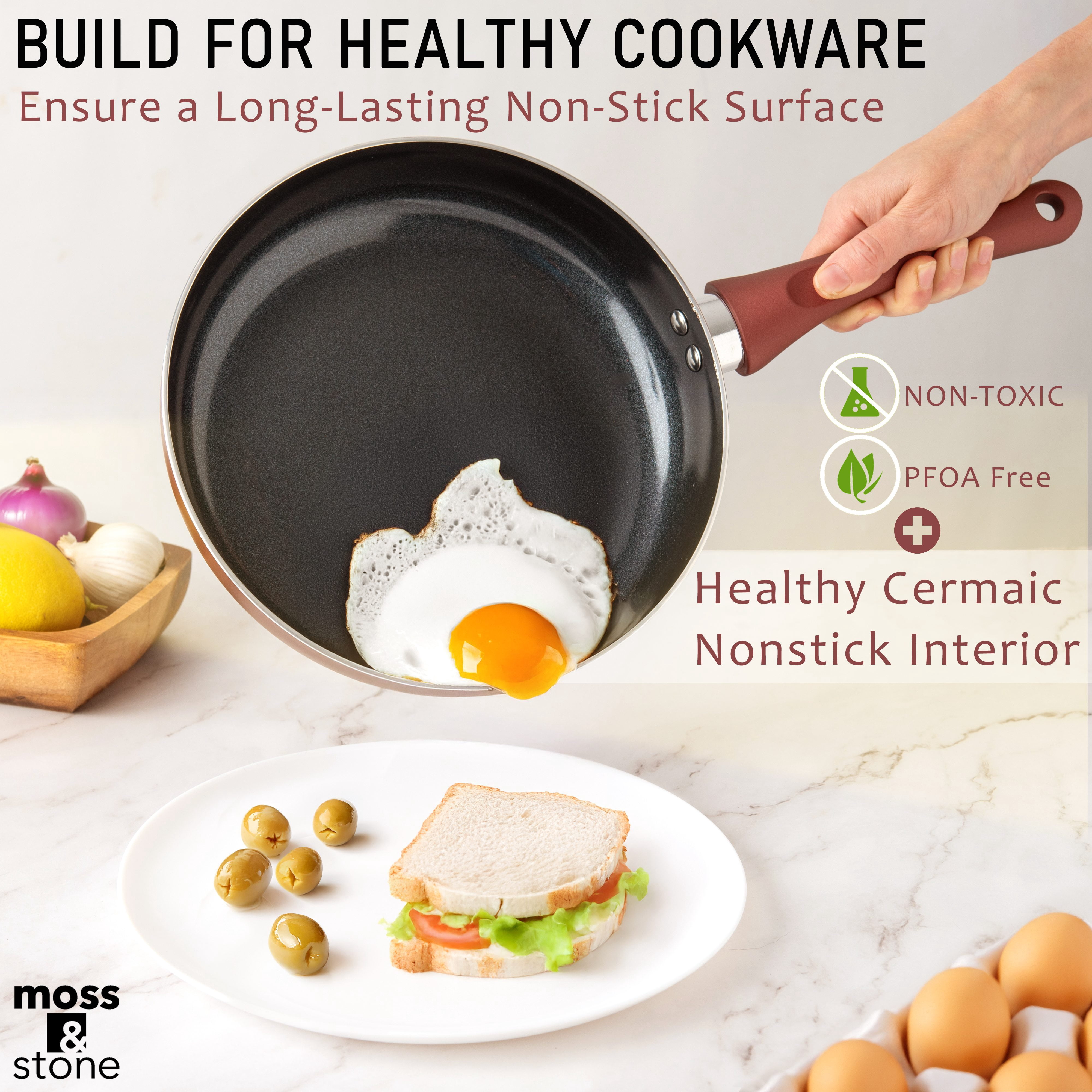 Moss & Stone 6 Piece Nonstick Cookware Set, Pots And Pans Set Non stick With Glass Lid, Induction Cookware, Stay-Cool Handles, PTFE/PFOA (6 Pcs Burgundy)