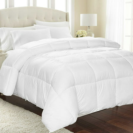 Equinox Comforter - (350 GSM) White Alternative Goose Down (Queen) - Hypoallergenic, Plush Siliconized Fiberfill, Box Stitched, Protects Against Dust Mites and (Best Way To Keep Dust Down)