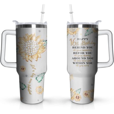 16th Birthday Gifts Cup 40 Oz Stainless Steel Tumbler with Handle & Straw 16 Years Old Birthday Gifts for Girls Coffee Mug 16th Birthday Decorations for Girls Happy 16th Birthday Gifts for Girls