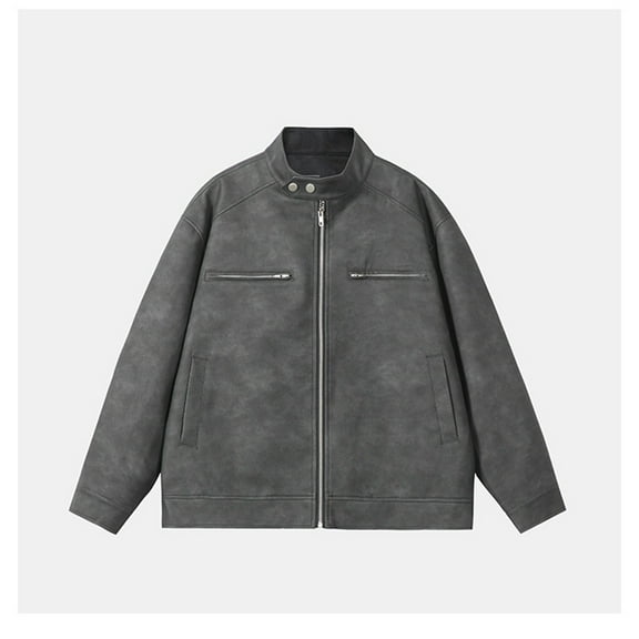 Maoxin Men's Jacket Men's Solid Color Long Sleeved Flip Collar Pocket Button Zipper Leather Jacket Coat Plus Size Leather Jacket Black M