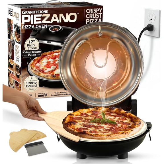 Granitestone PIEZANO 12 Inch Electric Indoor Pizza Oven Heats up to 800˚F, Pizza Maker w/ Ceramic Stone for Crispy Crust Pizza, Cooks in Under 6 Min, Countertop, Heat Control, Slicer & Scraper