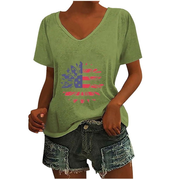 Camisetas Casuales de las Mujeres Gradiente Día de la Independencia Impreso Cuello Redondo, Blusa de Manga Corta para Diario, Fiesta Y Primavera Verano