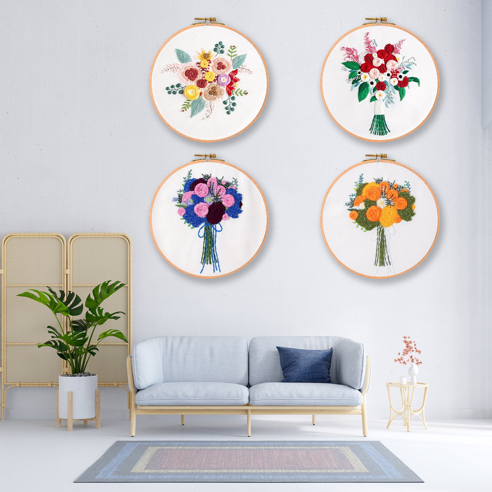 Blingpainting Embroidery Kit for Beginners with Flower Pattern, Cross Stitch kit,4pcs Embroidery Starter Kits Including Embroidery Hoop,Cloth and Color Threads