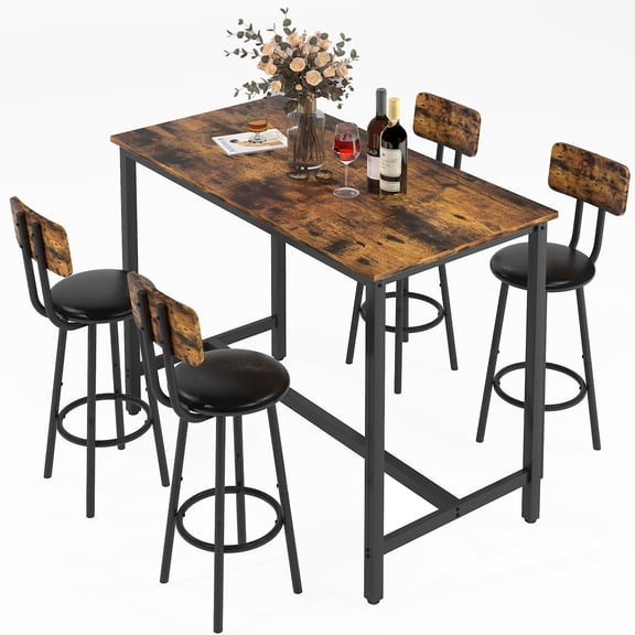 Modern Counter Height Pub Set, 5 Piece Dining Table Set with 4 Cushioned Stools, Extra Long Bistro Bar Table with Footrest, Kitchen Breakfast Table Set for 4, Rustic Brown