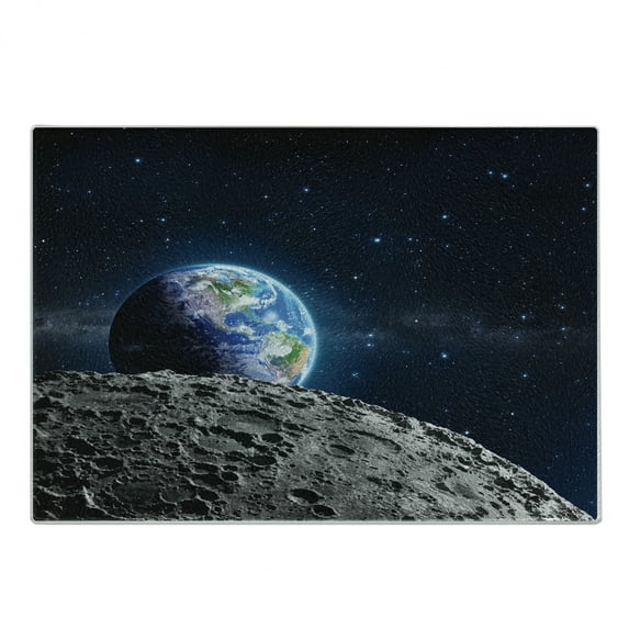 Galaxy Cutting Board, View of Earth from Moon Surface Lunar Satellite Spacewatch Tracking Project, Decorative Tempered Glass Cutting and Serving Board, Small Size, Grey Dark Blue, by Ambesonne