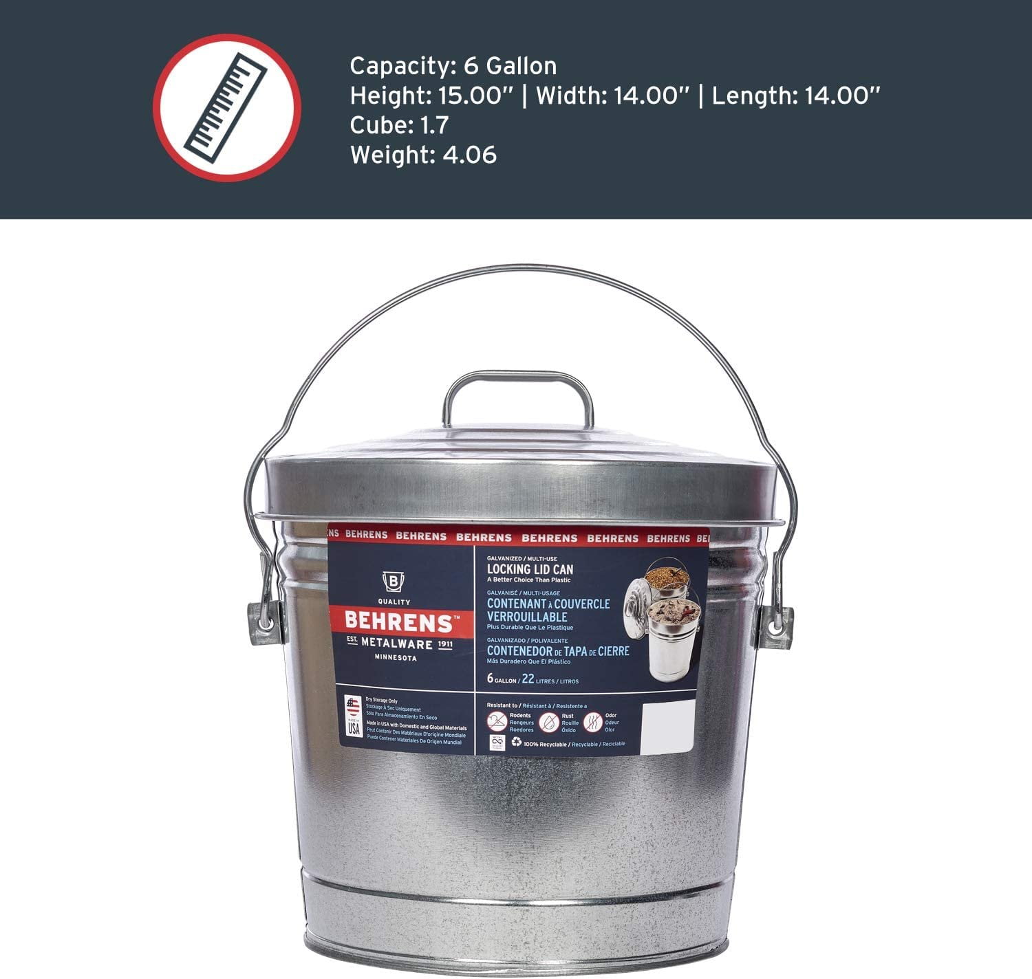 Behrens 6 Gallon Trash Can Galvanized Steel in Silver — Heritage American-Made Outdoor & Workshop Container