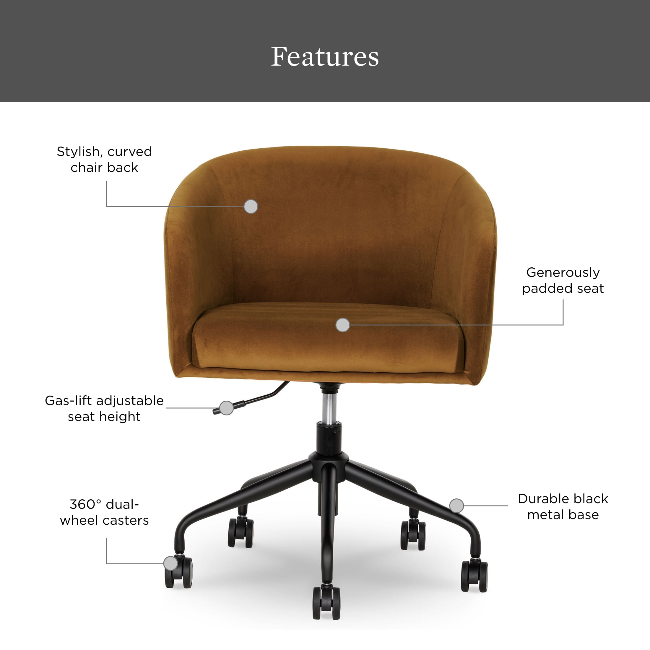 Better Homes & Gardens Wyatt Velvet Office Chair, Ochre