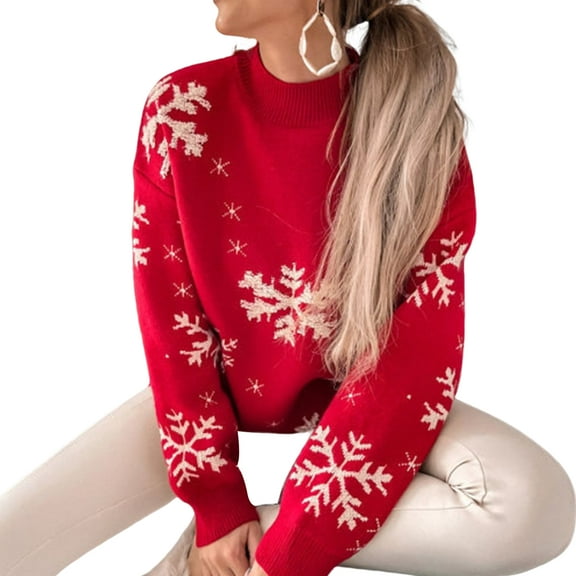 comerut Long Sleeve Half High Collar Ribbed Trim Christmas Sweater Women Jacquard Snowflake Print Pullover Knitwear Festival Clothing
