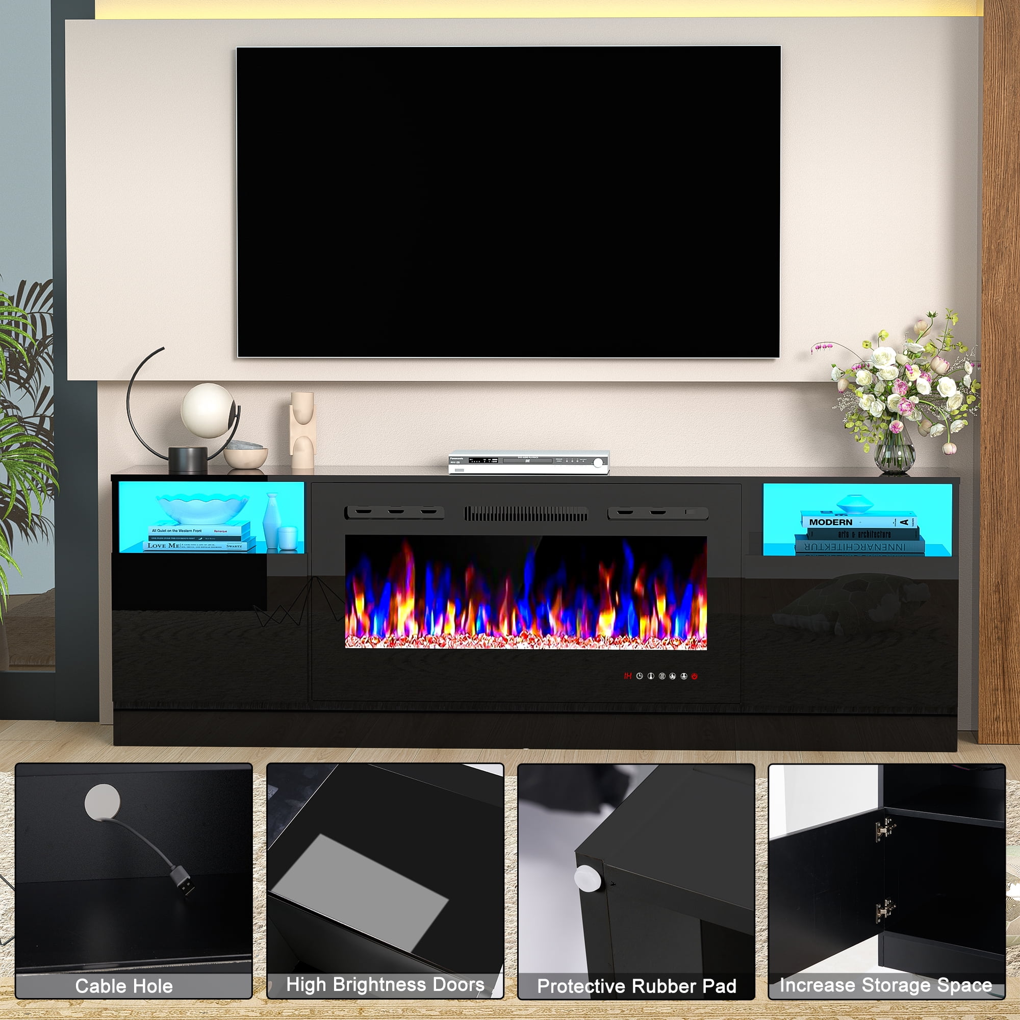 HARIPUL 70" Fireplace TV Stand for TVs Up to 80" with 36" Electric Fireplace, TV Console for The Living Room, LED Light Entertainment Center, Storage Cabinet, Media Console Table, Black