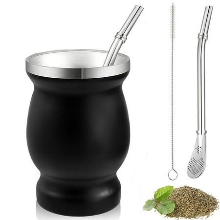 

tasrioml Yerba Mate Cup Set Double Wall Stainless Steel Gourd Shape Cup with Bombilla Teacup Cleaning Brush Antioxidant Rich Energy Boost Tea Kit