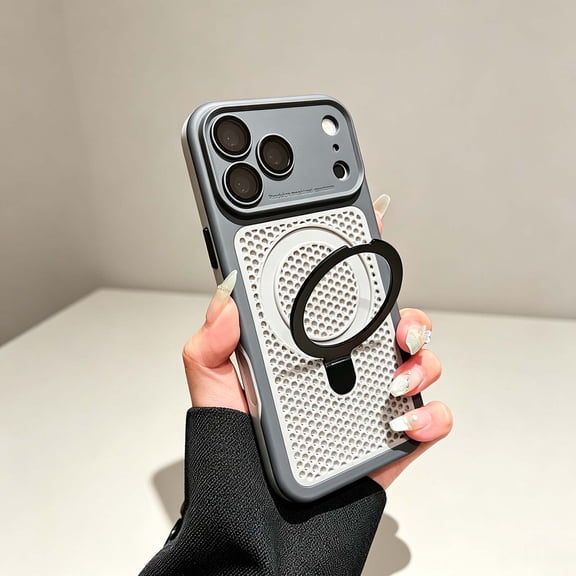 Design For iPhone 17 Pro Phone Case,With Adjustable Contractile Ring Kickstand,Breathable Porous Back,Compatible with Mag-Safe,Anti-Scratch Shockproof Ultra Slim Phone Case,Black