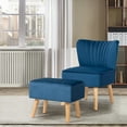 thumbnail image 4 of Costway Leisure Chair and Ottoman Thick Padded Velvet Tufted Sofa Set w/ Wood Legs Blue, 4 of 10