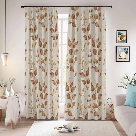 Brown Fall Leaves Blackout Curtains for Bedroom/Living Room, Pinch Pleated Black Out Curtains, Vintage Farmhouse Leaf Plants Room Darkening Window Drapes with Hooks 2 Panels, 39"x70"
