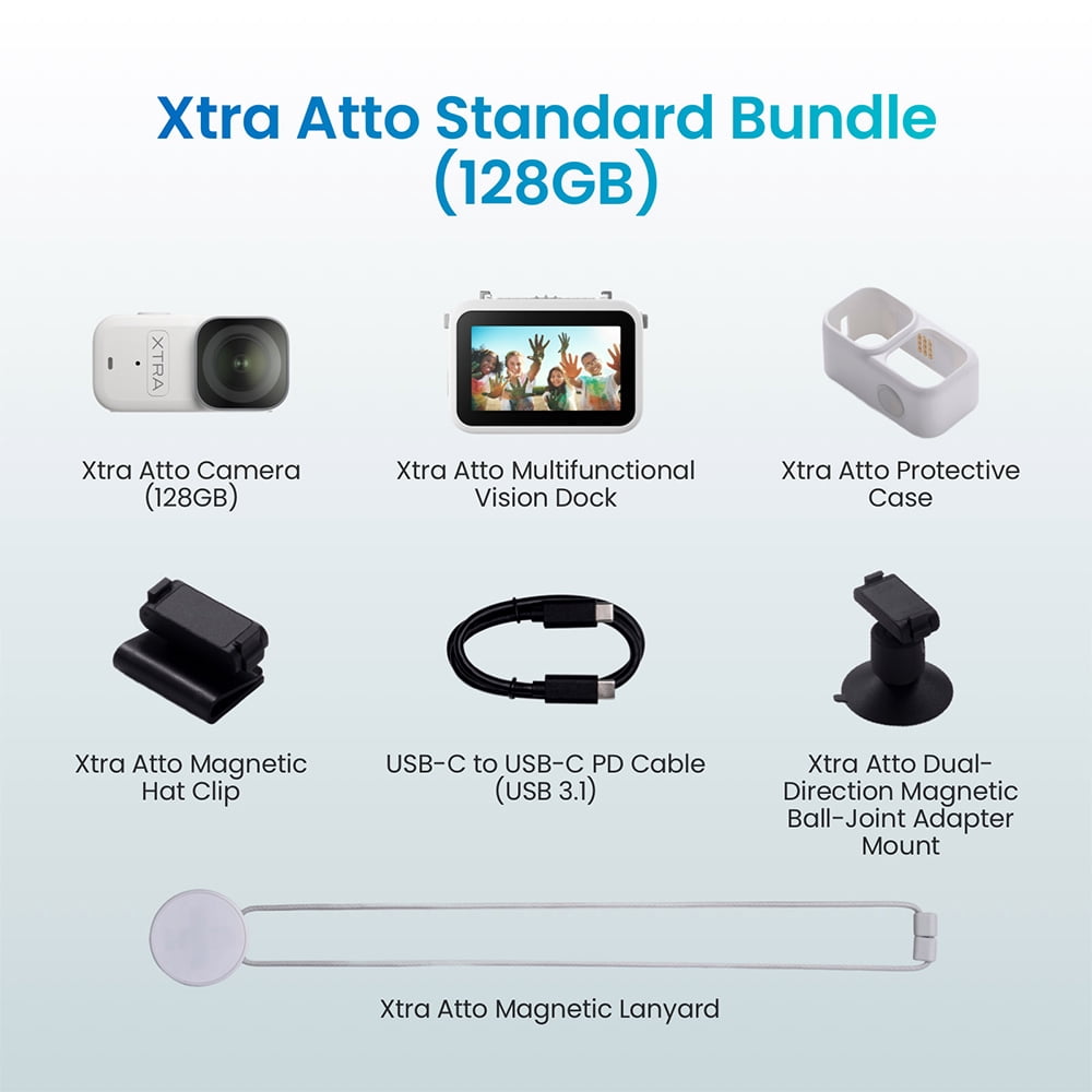 Xtra Atto Wearable POV Action Camera, 54g Mini Vlog Camera with Magnetic Mount, 4K/60fps 1/1.3" Sensor, 128GB Built-in Storage, 220-Min Battery Vision Dock, Hands-Free Video Camera, White