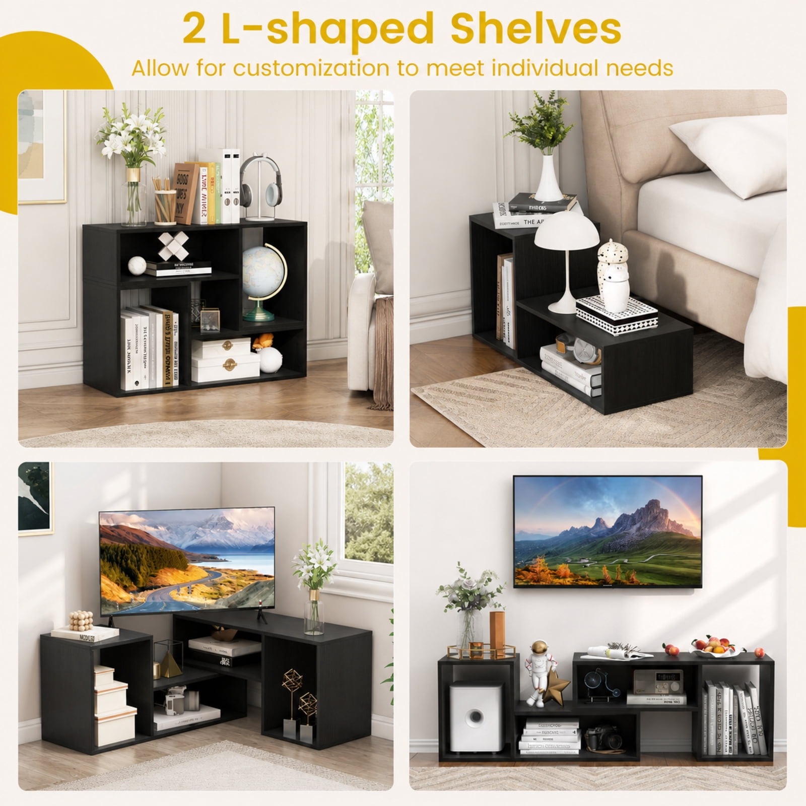 Furnibear 2 Pieces Adjustable TV Stand for TVs up to 55 Inch with Storage Cubes for Living Room Bedroom Media Console Entertainment Center, Black