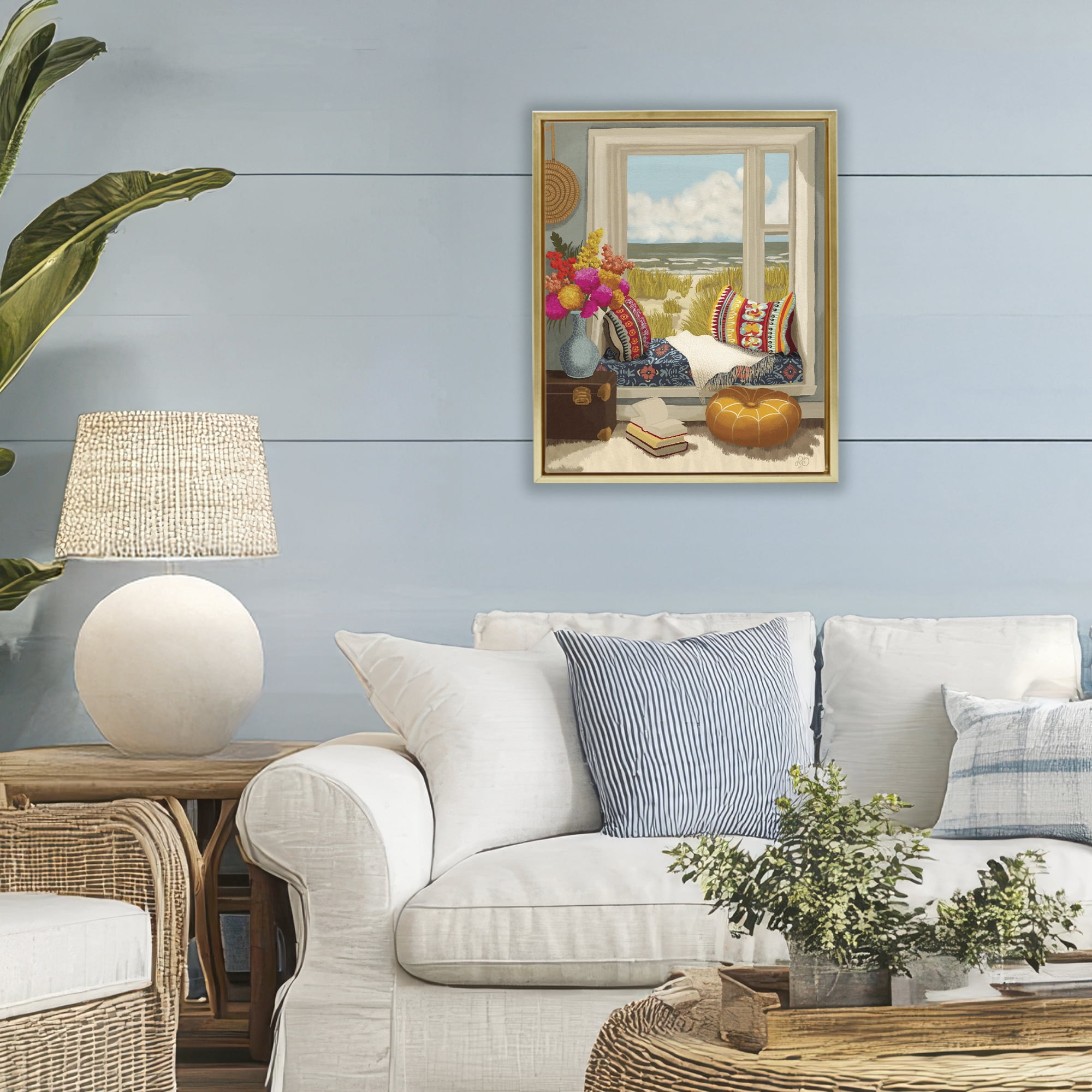 Stupell Industries Coastal Vacation Window Seat Gold Framed Floater Canvas Wall Art, design by Lisa R Dumm