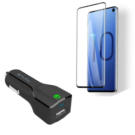 Galaxy S10  Fast 18W Car Charger w Tempered Glass Screen Protector - USB Port Power Adapter, [Fingerprint Works] 3D Curved Edge Full Cover for Samsung Galaxy S10
