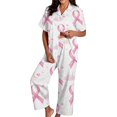 thumbnail image 3 of Womens Pink Ribbon Awareness Long Pants Pajama Set Notch Collar Button Down Short Sleeve Top with Pockets Soft Comfy Breathable Relaxed Fit Novelty Pattern Casual Home Loungewear Pink 3XL, 3 of 5