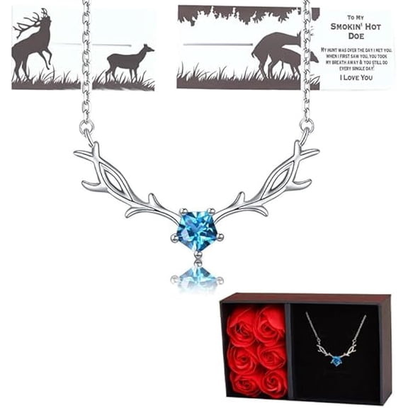 Deer Necklace with Slider Message Card, Adjustable S925 Sterling Silver Deer Antler Necklaces, Exquisite Handmade Adjustable Blue Diamond Antler Pendant Necklace for Lover, Rose Gift Box for Women