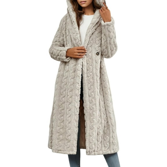 Women'S Warm Fleece Long Sleeve V Neck Button Down Casual Jacket Hooded Cardigan Fall Winter Coats Apricot M