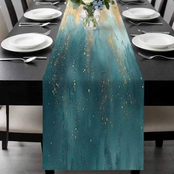 Abstract Turquoise Gold Table Runner 70 Inches Long, Modern Minimalist Art Kitchen Coffee Dining Table Decoration for Home Party Birthday Wedding Home Decor 13x70 Inches