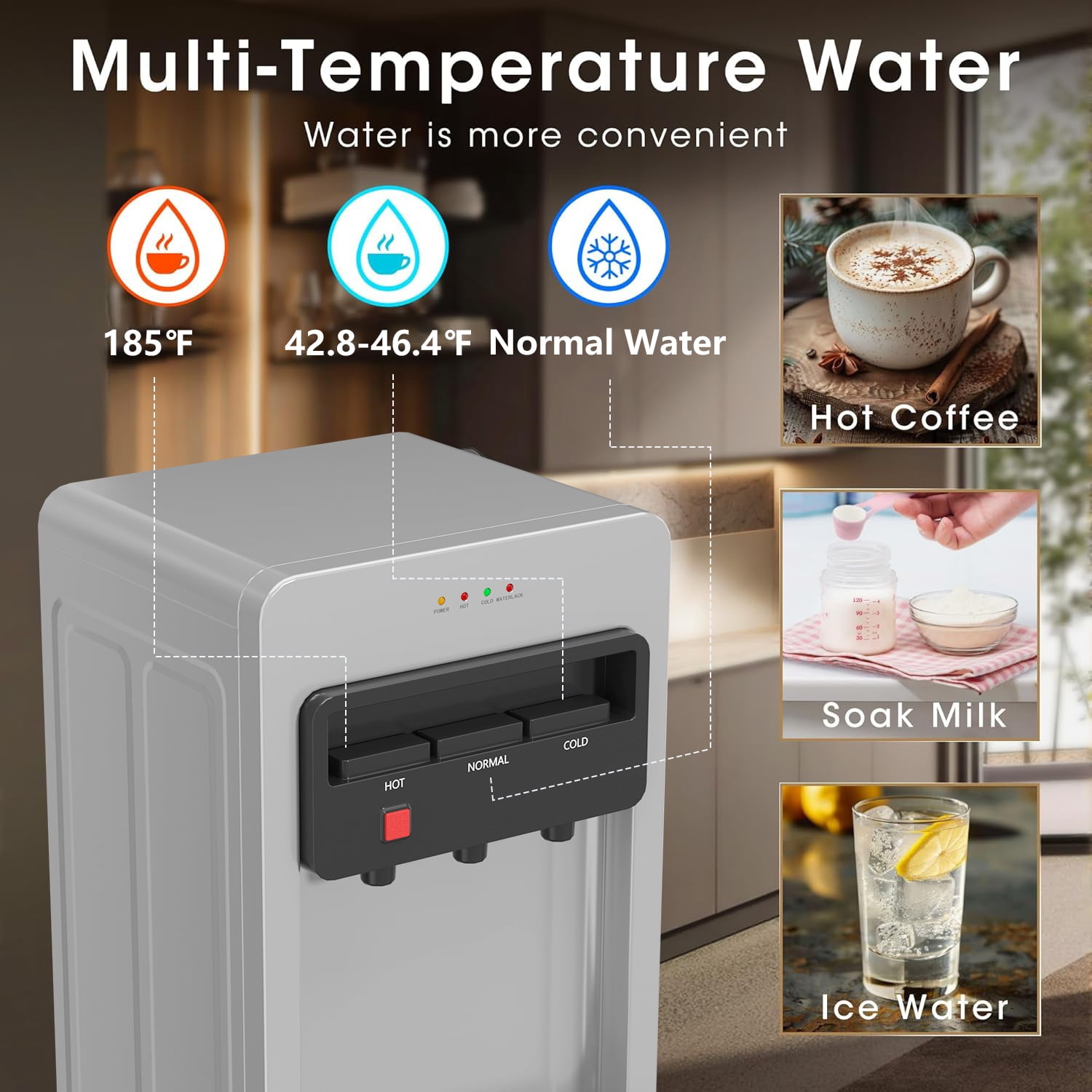 Behome Bottom Load Water Cooler Dispenser with Lack Water Alert, 3 Temperature Settings-Hot, Cold & Room-Temperature Water, Holds Up to 5 Gallon Bottles, for Homes, Kitchens, Dorms