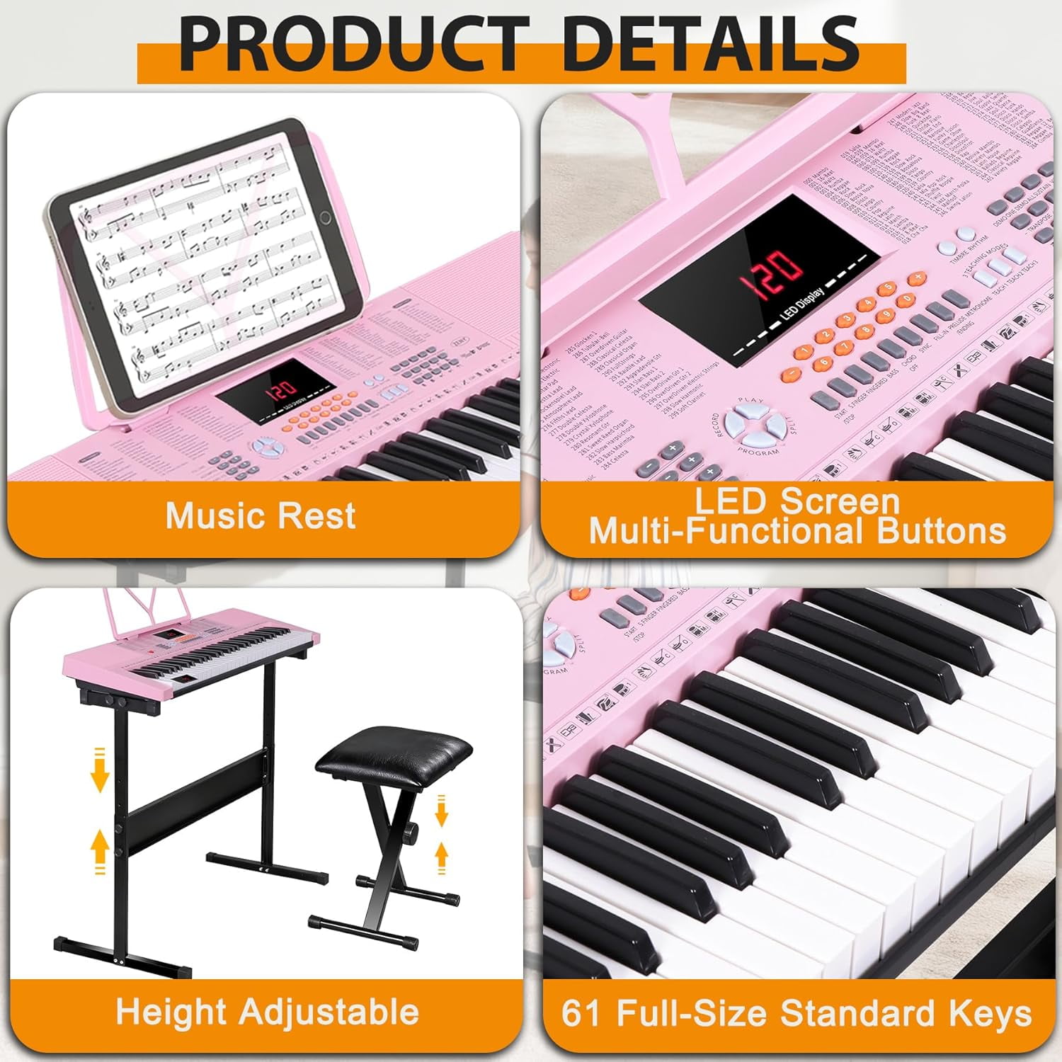 HarmonyStrings 61-Key Portable Electric Keyboard Piano with Built In Speakers, LED Screen, Headphones, Microphone, Piano Stand, Music Sheet Stand and Stool Pink