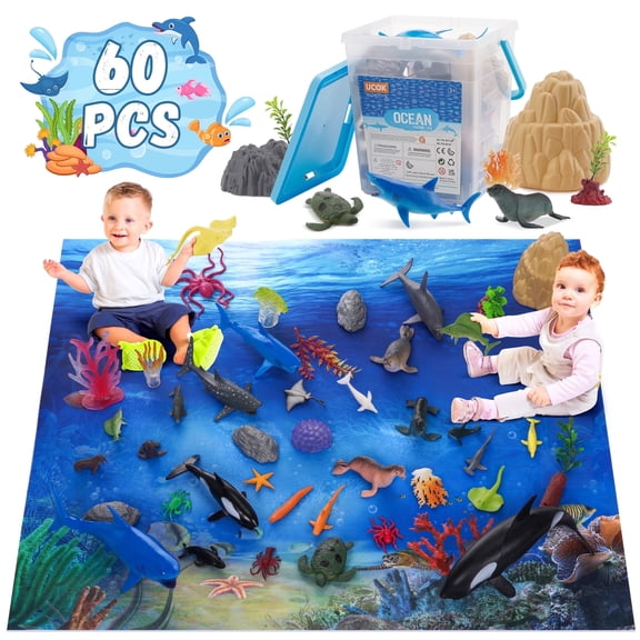 Wisairt Ocean Sea Animal Toys for kids,60 PCS Ocean Play Set with Activity Play Mat,Figure Toys Gift for Boys Girls Toddles Ages 3 