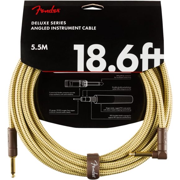 Fender Deluxe Series Instrument Cable, Guitar Cable, Guitar Accessories, Straight/Angle, Tweed, 18.6ft