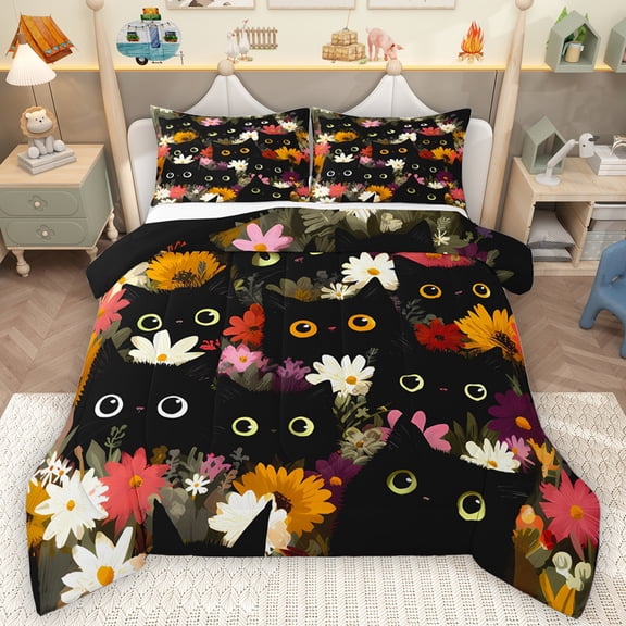Feelyou Kawaii Black Kitten Queen Comforter Set, Rustic Groovy Flower Bedding Sets, Cute Cartoon Animal Reversible Bedding Comforter Set, Super Cozy Room Decor, 3-Piece