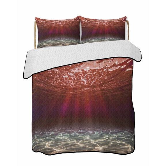 Twin XL Quilt Bedding Set, Red Ocean Waves Reversible Summer Quilt 3 Pieces, Summer Beach Coastal Abstract Lightweight Bedspreads Coverlets with 2 Pillow Shams for All Seasons