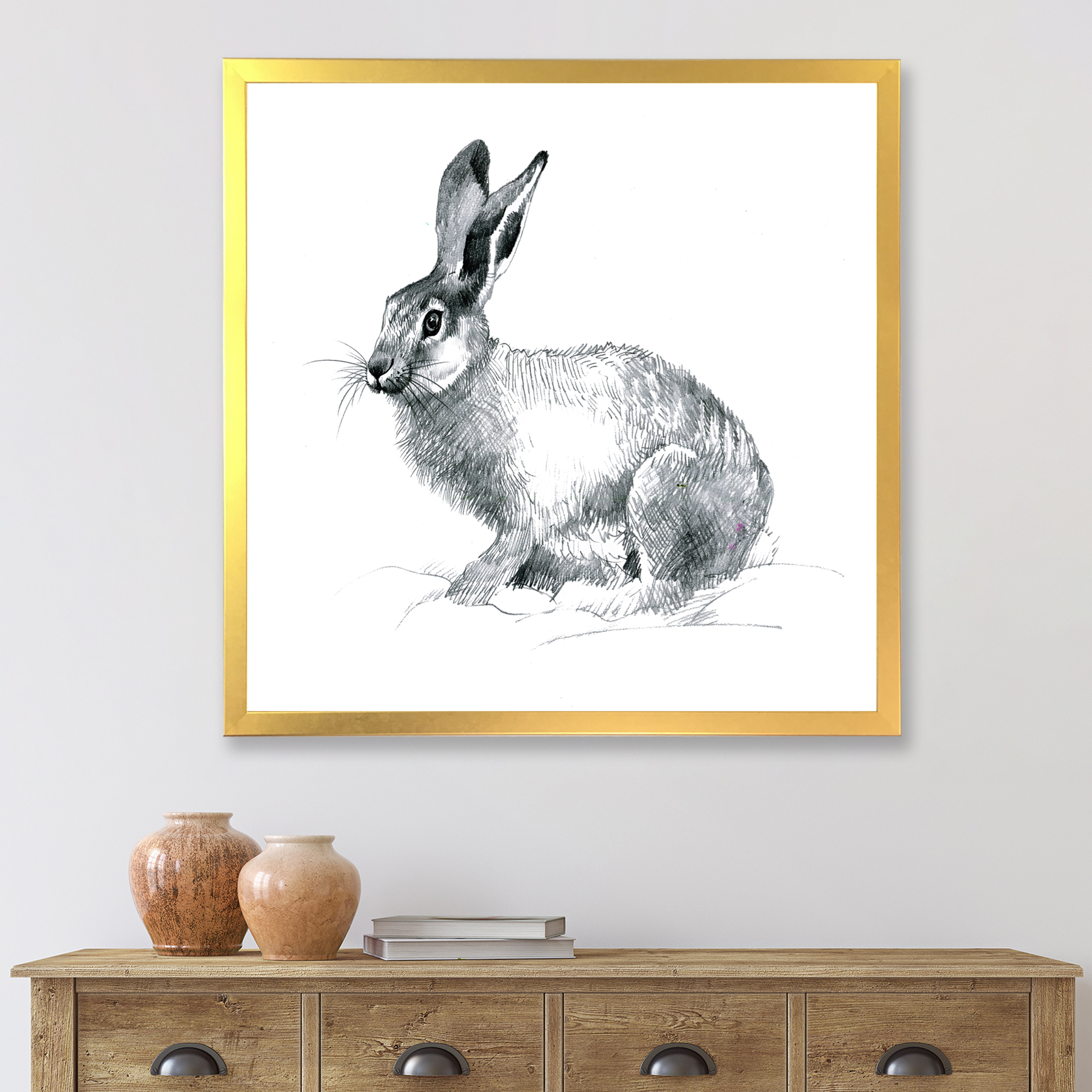 Designart 'Black and White Portrait Of Rabbit' Farmhouse Framed Art Print