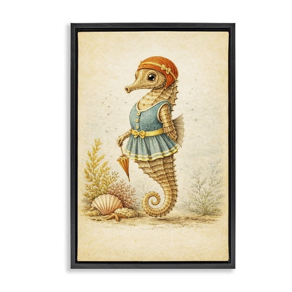 Stupell Industries Eclectic Maritime Bathing Society Seahorse Black Floating Frame Canvas Art, 17 x 25, by Grotto Studios