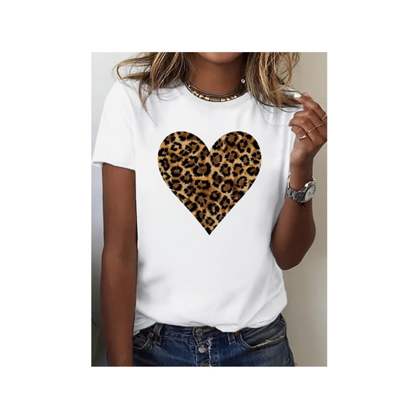 Gifts for Mother's Day Leopard Print Heart T-Shirt - Lightweight & Stylish Crew Neck Top - Perfect for Spring & Summer - Womens Casual Casual attire