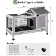Aivituvin Rabbit Hutch with Wheels for Indoor Outdoor, Wooden Rabbit Cage with Removable Wire Netting & Leak Proof Tray, Mobile Bunny Cage, Gray
